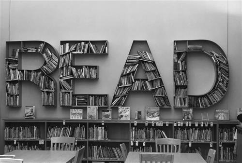 Picture of word "READ" filled with library books 